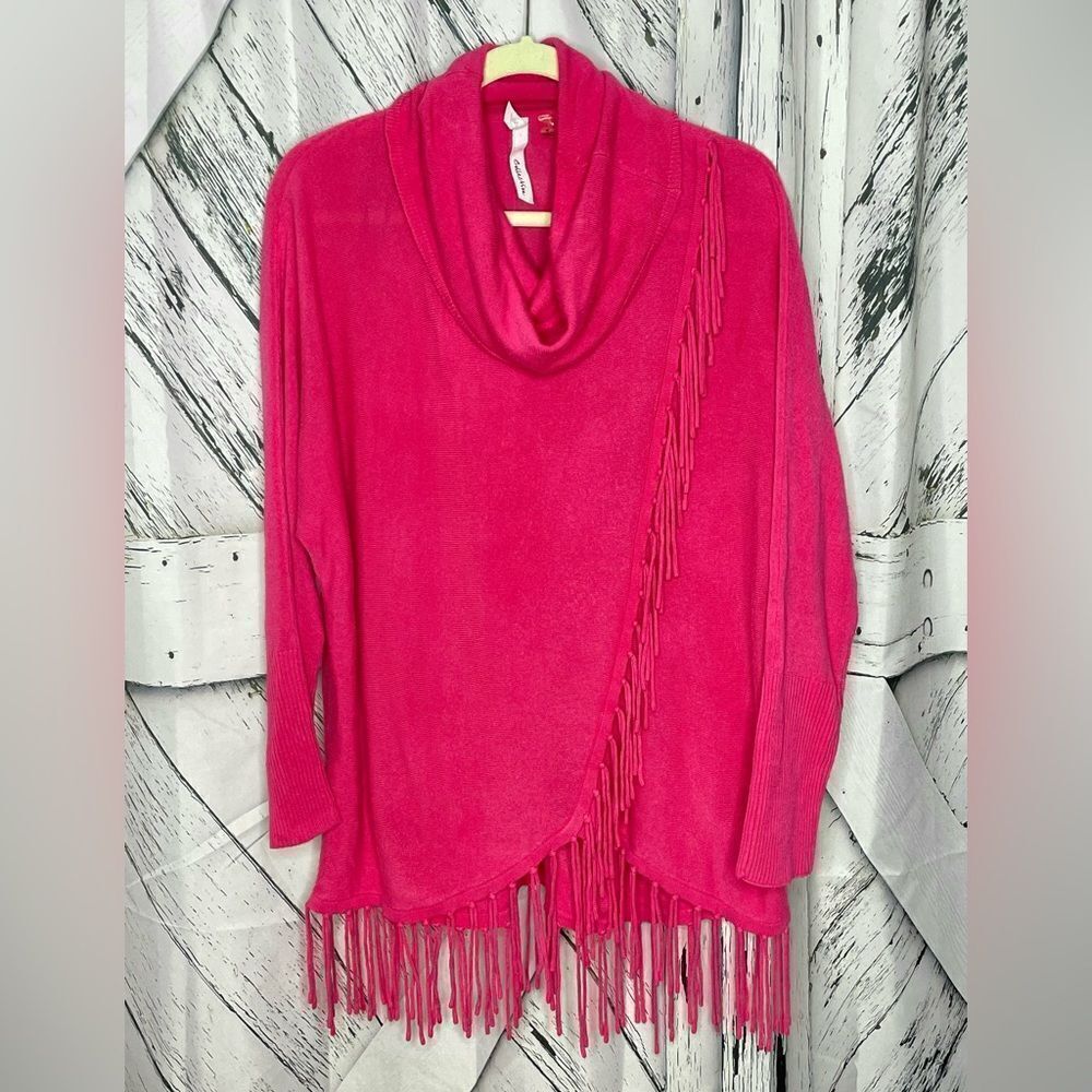 NY Collection Sweater Cowl Neck Fringe Tunic Pink M